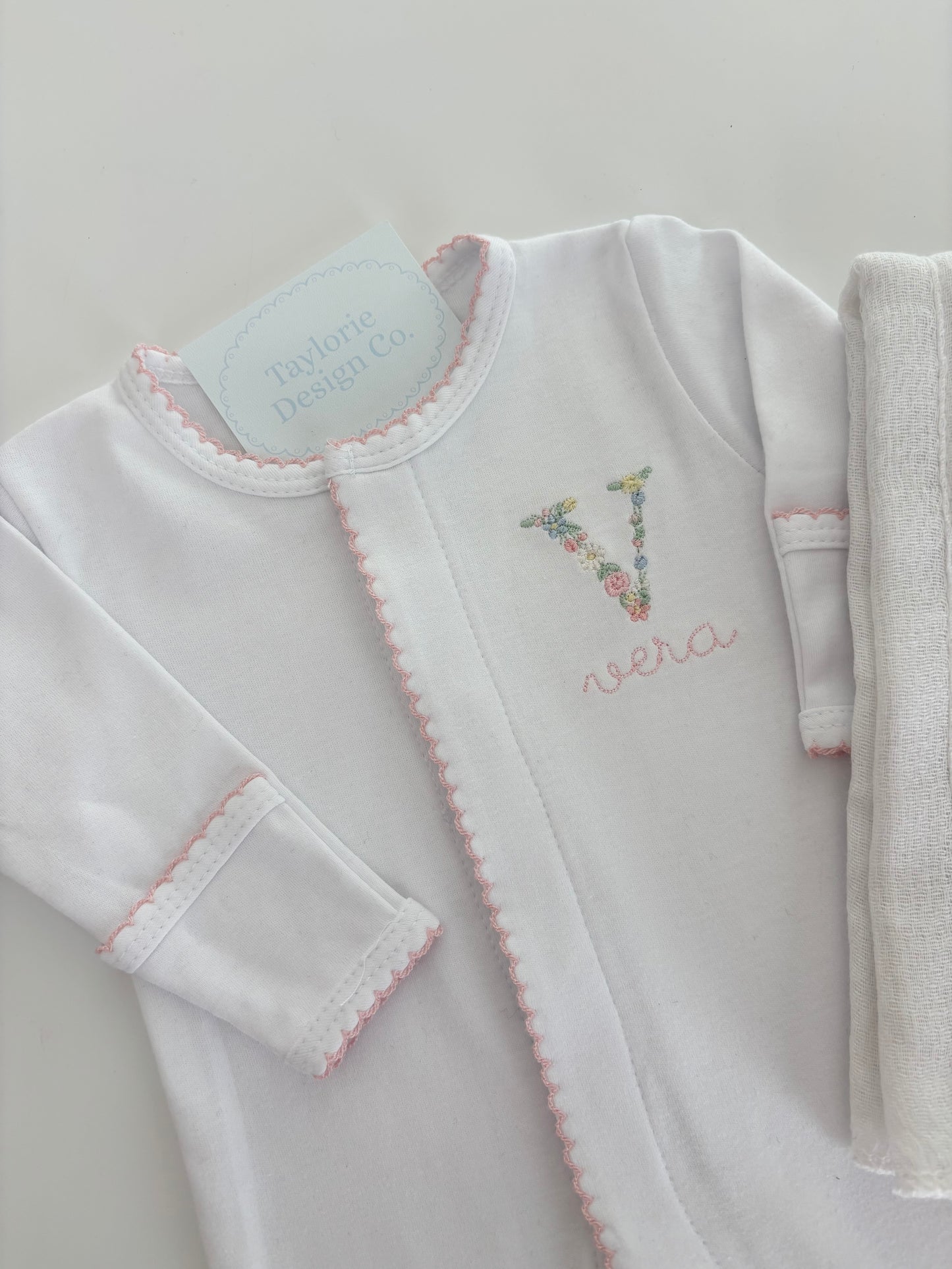 Picot Trim Footie White W/ Pink