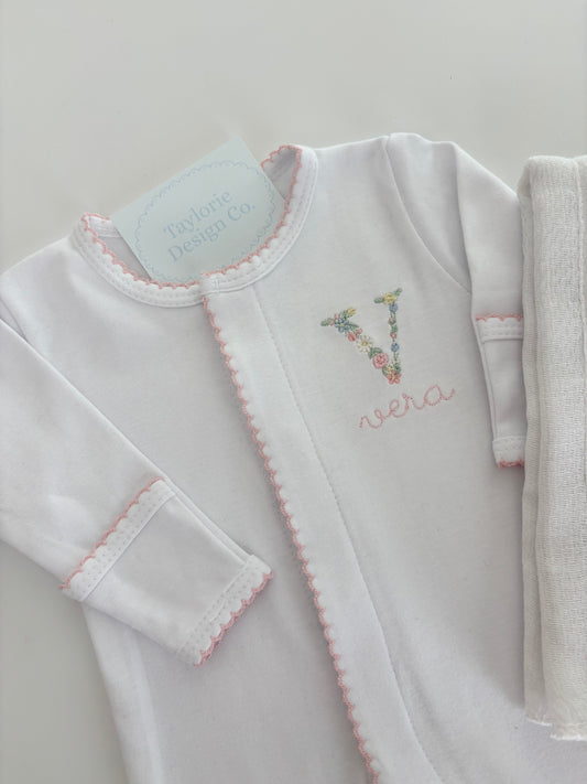 Picot Trim Footie White W/ Pink